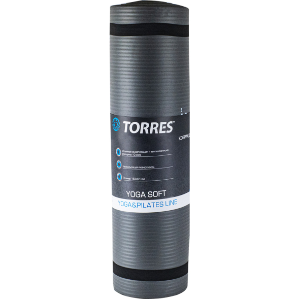 Коврик для йоги TORRES SOFT YL10110, толщина 1 см, каучук, серый