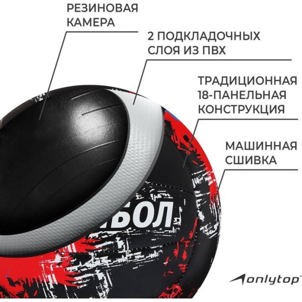 Мяч волейбольный ONLYTOP Aсе, ПВХ, машинная сшивка, 18 панелей, р. 5