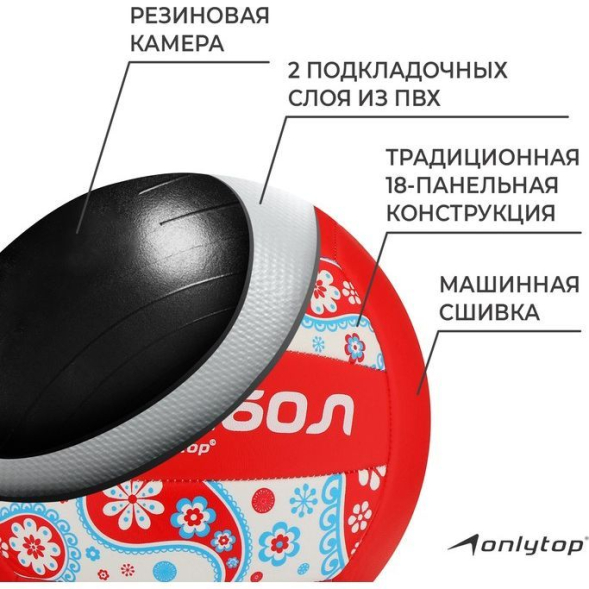 Мяч волейбольный ONLYTOP, ПВХ, машинная сшивка, 18 панелей, р. 5